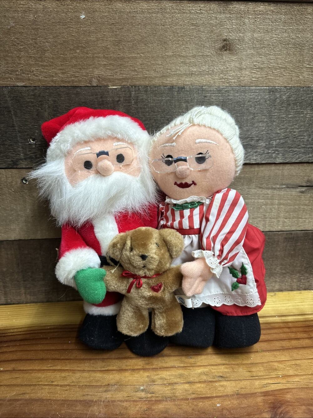 Vintage Plush Mr. and Mrs. Santa Claus With Teddy Bear Dakin 11” Tall